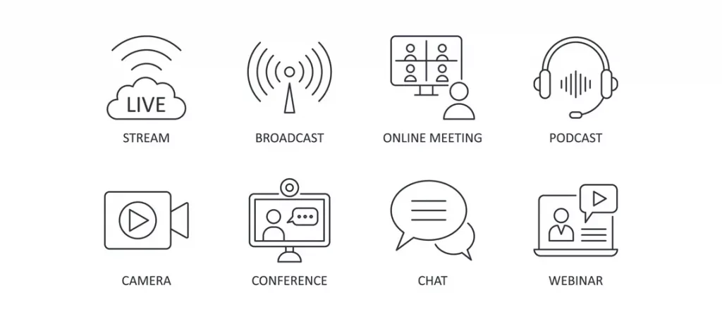 Symbole für Live-Veranstaltungen und Aufzeichnungen, darunter Live-Stream, Broadcast, Online-Meeting, Podcast, Kamera, Konferenz, Chat und Webinar.