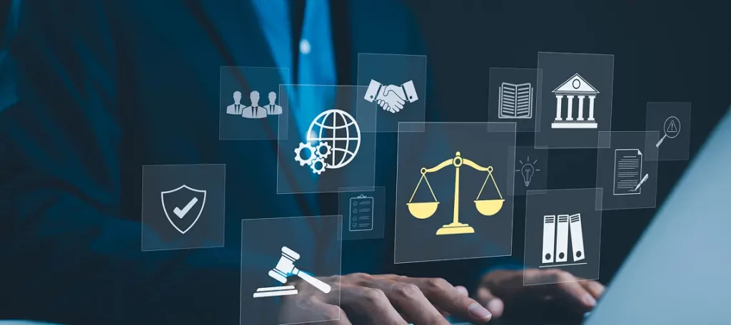 Leistungsaustausch bei Entgelt für Schutzrechtsverletzung im Umsatzsteuerrecht – Symbolbild mit Justizwaage und Rechtssymbolen