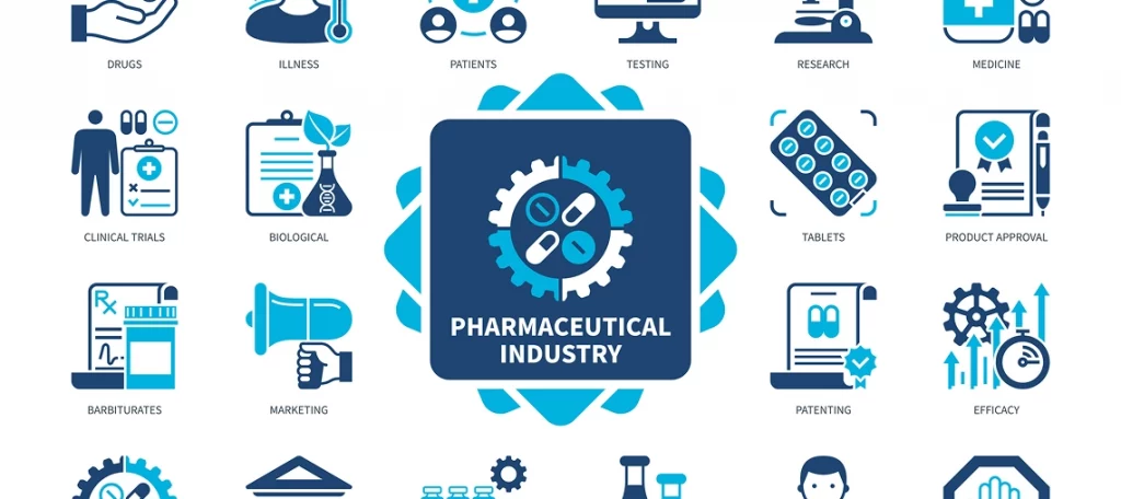 Illustration zur pharmazeutischen Industrie mit Symbolen für Arzneimittel, Forschung, klinische Studien, Tabletten, Zulassung, Patente und Wirksamkeit rund um den Schriftzug „Pharmaceutical Industry“.