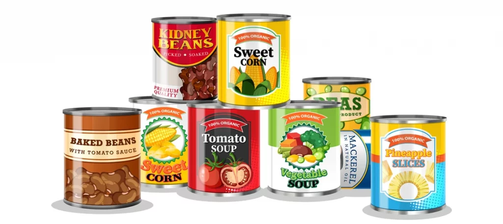 Verschiedene Konservendosen mit bedruckten Etiketten als Beispiel für Kosten Erstellung von Druckvorlagen im Zollwertrecht