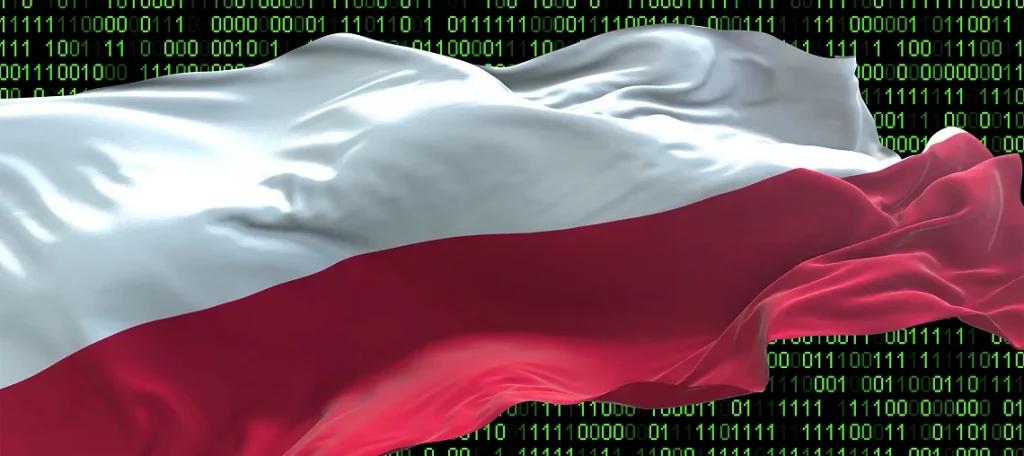 Die polnische Flagge weht vor einem dunklen Hintergrund aus grünem Binärcode, was die Digitalisierung des polnischen Steuerwesens durch KSeF für deutsche Unternehmen symbolisiert.