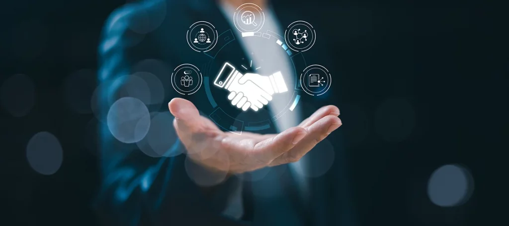 Hand mit digitalem Handschlag als Symbol für Leistungsaustausch und tauschähnliche Umsätze in der Umsatzsteuer